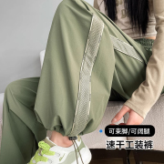 军绿色速干工装裤女2024春夏，薄款高腰显瘦阔腿束脚运动登山裤