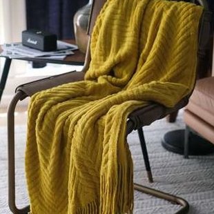 美式加长款床尾巾搭毯姜黄色，针织毛线装饰盖毯沙发装饰毯