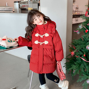 女童棉服冬装2023外套小女孩冬季中长款棉袄儿童冬款红色棉衣