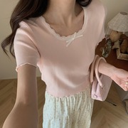 夏装韩国集运 糖果色镂空针织短袖T恤 蝴蝶蕾丝透气上衣