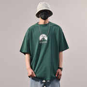 日系少年感墨绿色做旧短袖，创意雪山印花t恤320克重磅chic上衣男潮