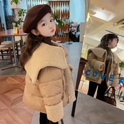 女童卡其色时髦外套2023冬季韩版中小童大翻领潮流保暖棉服