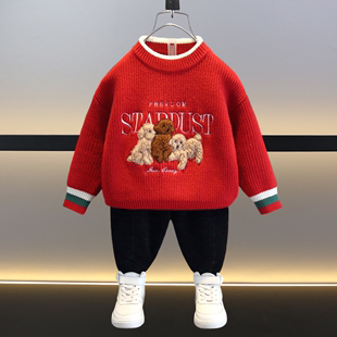 儿童红色毛衣冬季2024小童冬装，加厚男宝宝洋气，时髦男童毛线衣(毛线衣)