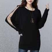 黑色莫代尔棉t恤女性感，网纱拼接长袖蝙蝠衫，宽松显瘦遮肉圆领上衣