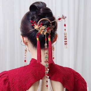 中式头饰耳夹秀禾流苏红色新娘婚礼配饰品发簪旗袍古装跟妆造型
