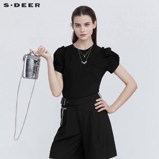 sdeer圣迪奥女装夏装休闲圆领，设计感抽褶，花边黑色t恤s21280109