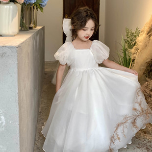 女童白色公主裙连衣裙，夏季2024大儿童装生日花，童礼服婚纱裙子