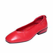 2023夏季女鞋奶奶鞋红色软皮平底单鞋夏款舒适软底浅口真皮鞋