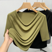 深v领短袖t恤女夏季2024年气质高级感法式堆堆领半袖纯色上衣
