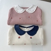 3-8法系女童纯棉线，两色翻领刺绣，小花套头毛衣
