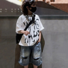 夏季男女大童美式复古高街字母印花潮酷宽松上衣街舞嘻哈短袖T恤