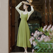 绿色吊带连衣裙针织，开衫外套两件套装，裙子复古女春夏季