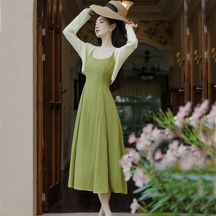 绿色吊带连衣裙针织开衫，外套两件套装裙子，复古女春夏季
