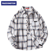 帕丁顿熊复古格子简约Logo宽松休闲单排扣口袋长袖衬衫 男女同款