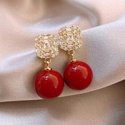 巴黎设计师方形微镶锆石珍珠，耳环气质耳钉时尚本命年红色耳饰
