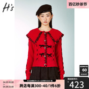 hs奥莱2022冬季女装，商场同款红黑撞色蕾丝织带大翻领针织开衫