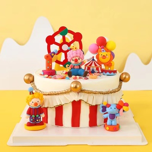 小丑大象狮子软胶玩偶，摆件马戏团主题彩色，生日派对蛋糕装饰