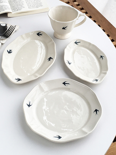anniegarden出口订单日本ins设计款燕子浮雕，手绘陶瓷碟子餐盘