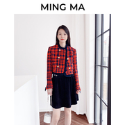 MING MA设计师品牌红色圣诞撞色花边格纹长袖圆领短款小香风夹克