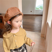 2023秋装女童宽版娃娃领衬衫韩版儿童小童纯色棉麻衬衣上衣潮