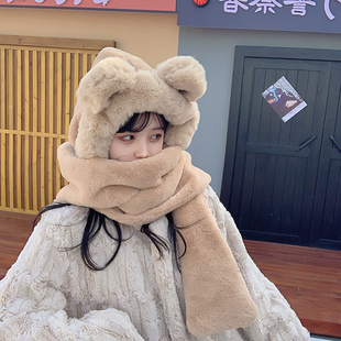 小熊帽子韩版可爱女，百搭秋冬季冬天围巾，一体保暖手套围脖三件套潮