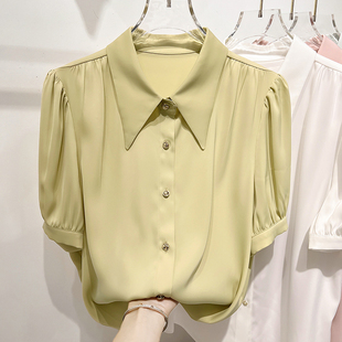 2023韩版修身显瘦翻领单排扣纯色短袖雪纺衬衫，女夏季薄款上衣