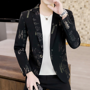 男士春秋季西装潮流韩版帅气印花薄款上衣，青年修身个性小西服外套