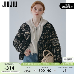 jiujiu复古印花v领双排，扣羊羔毛外套(毛外套，)女冬季2023休闲加厚棉服