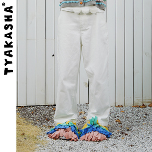 ip系列tyakasha塔，卡沙裤子女，2023白色牛仔裤直筒长裤