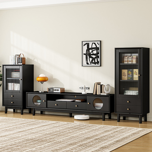 法式复古实木电视柜现代简约小户型客厅家用黑色储物收纳柜组合柜