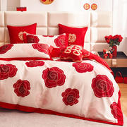 纯棉结婚床上用品四件套全棉，婚庆红色婚房喜被床单被罩大红色婚礼