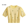 鹅黄色针织短袖女夏季修身冰丝t恤高腰，短款镂空绣花甜美上衣