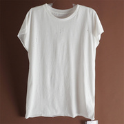 圆领宽松短袖女6.21S69869韩版夏季卷边个性猫爪破洞纯色T恤上衣
