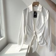 外贸原单洋气白色衬衫欧美性感深v领设计修身系带长袖褶皱衬衣