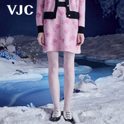vjc威杰思秋冬女装，粉色半身裙撞色提花高腰修身包臀短裙