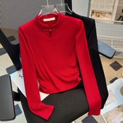 2024春季红色国风立领盘扣修身镂空长袖，修身打底衫女上衣搭马面裙