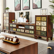 美式乡村电视柜实木家具，套装欧式客厅小户型手绘艺术地柜茶几组合