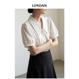 LIMONN 设计感小众泡泡袖尖领衬衫女v领短袖衬衣2023夏装显瘦