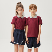 儿童学院风T恤中小学生夏季校服套装男女童透气枣红色短袖POLO衫