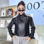 机车服女2023秋季绵羊皮立领上衣长袖皮衣真皮黑色修身短外套