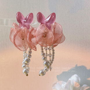 (送一)原创设计蝴蝶，纺纱花朵珍珠长款耳环，气质古风仙女耳夹