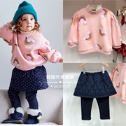 加绒韩国中小童装，冬季女童宝宝洋气百搭蓝色裙子，假两件打底裤