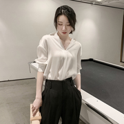 雪纺短袖上衣女韩版洋气2024年夏季百搭气质时尚超仙显瘦v领衬衫