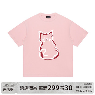 夏季可爱猫咪印花粉色短袖T恤男女潮牌宽松320G重磅纯棉情侣上衣