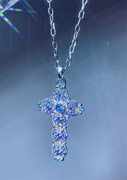 Vintage中古 水蓝色水晶钻百搭复古十字架造型中长款毛衣链女