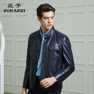 zoranzi庄子男装，秋季蓝色立领，皮衣男短款单排扣皮夹克lmq10757