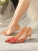 法式水晶鞋2022香槟色，结婚鞋水钻蝴蝶结尖头，高跟鞋女细跟单鞋