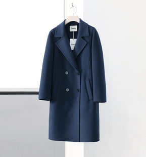 品牌精工gao端轻奢羊毛，羊绒大衣女深蓝色，双面呢西装领中长款外套