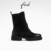 fed厚底马丁靴冬季靴子，黑色小短靴，粗跟机车靴女款r1102-zf305