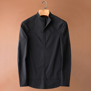 黑色小立领衬衫男韩版修身青年时尚休闲中国风套头男士长袖衬衣男